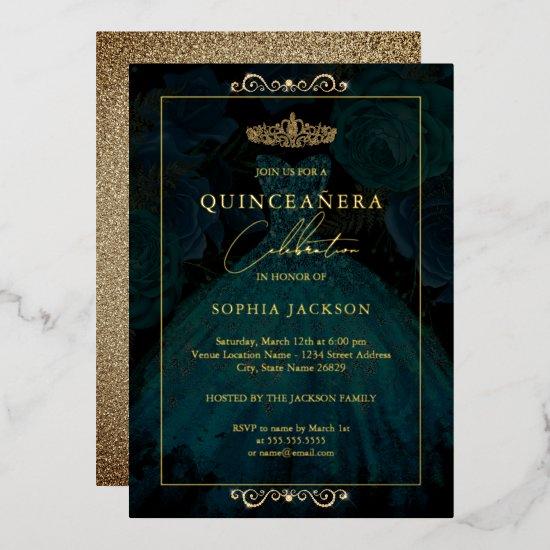 Teal Gold Rose Dress Quinceanera Foil