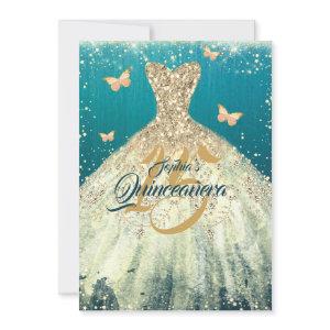 Teal Gold Sparkle Butterfly Dress Quinceanera