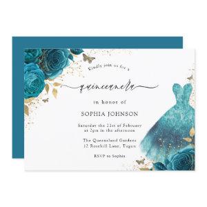 Teal & Gold Sparkle Dress Rose Quinceanera Party