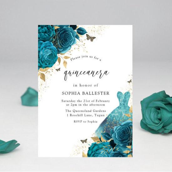 Teal & Gold Sparkle Dress Roses Quinceanera Party