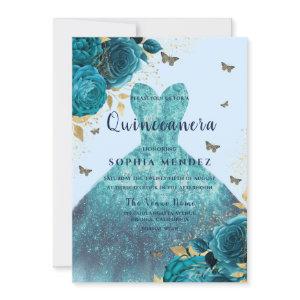 Teal Gold Sparkle Dress Roses Quinceanera Party