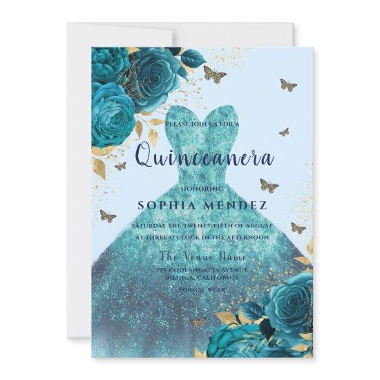 Teal Gold Sparkle Dress Roses Quinceanera Party