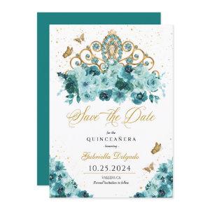 Teal & Gold Tiara Save The Date Quinceañera