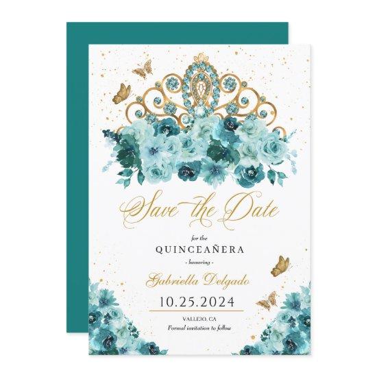 Teal & Gold Tiara Save The Date Quinceañera