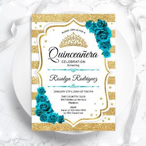 Teal Gold White Stripes Quinceanera