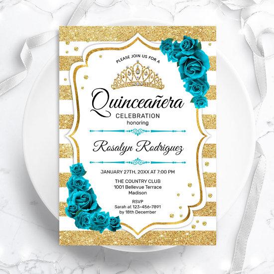 Teal Gold White Stripes Quinceanera