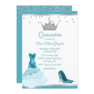 Teal Gown and Heel with Silver Crown Quinceanera