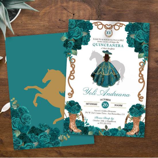 Teal Green Blue Roses Charro Vestidos Quinceañera