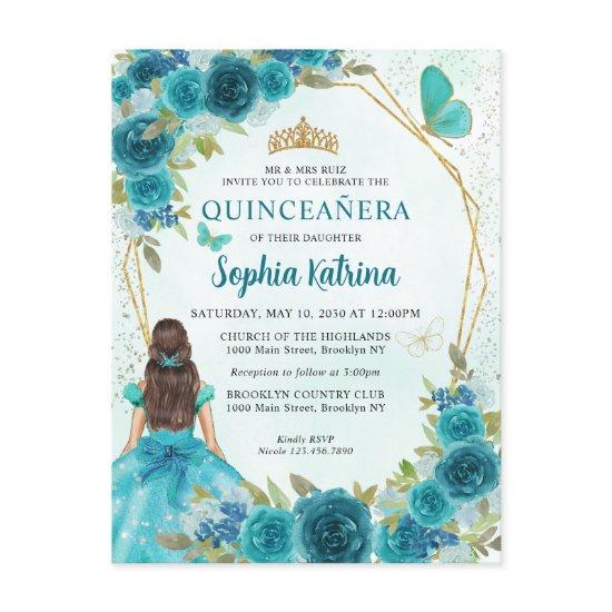 Teal Green Glam Gold Floral Princess Quinceañera  Postcard