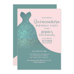 Teal Green Pink Sparkly Glitter Dress Quinceañera