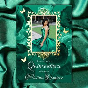 Teal Green Roses, Gold Butterflies Quinceanera Foil