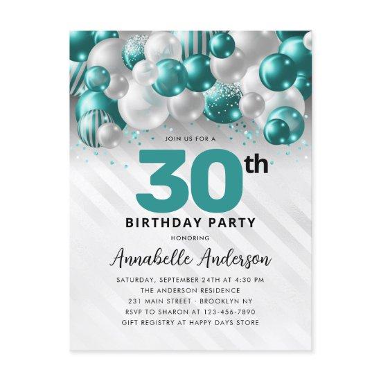 Teal Green Silver Balloon Glitter 30th Birthday  Postcard