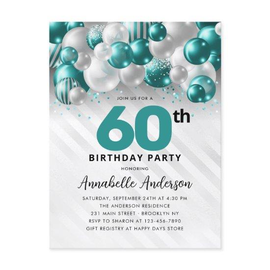 Teal Green Silver Balloon Glitter 60th Birthday  Postcard