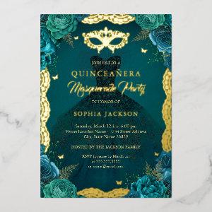 Teal Masquerade Party Floral Dress Quinceanera Foil