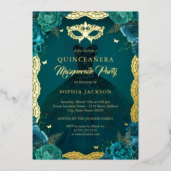 Teal Masquerade Party Floral Dress Quinceanera Foil