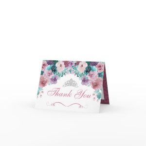 Teal & Mauve Floral Quinceanera Thank You Card