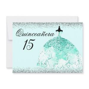 Teal Mint Dress Silver Glitter Quinceanera invite