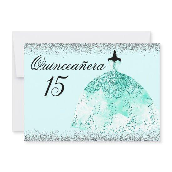 Teal Mint Dress Silver Glitter Quinceanera invite