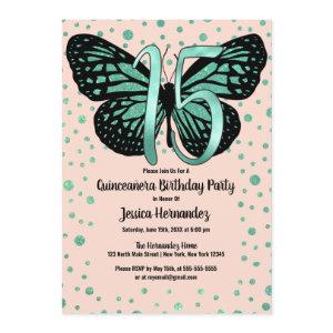 Teal Pink Butterfly Glitter Confetti Quinceañera