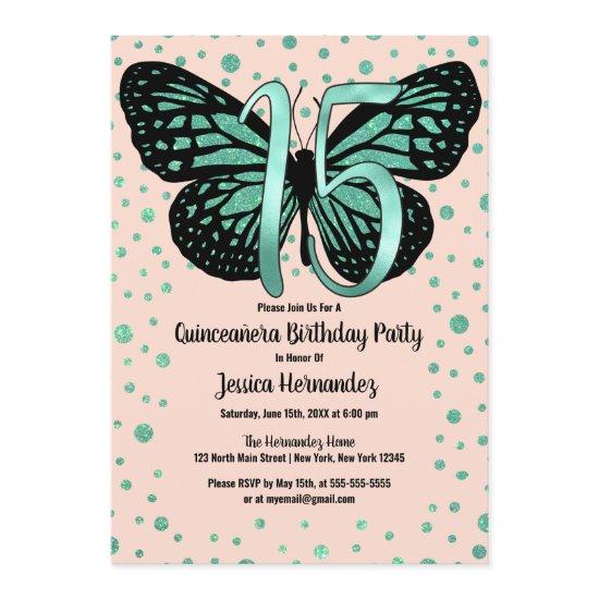 Teal Pink Butterfly Glitter Confetti Quinceañera