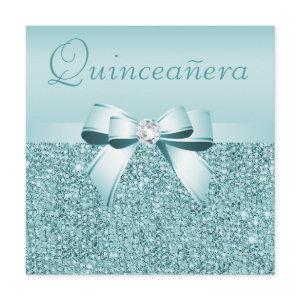 Teal Printed Sequins & Bow Quinceanera