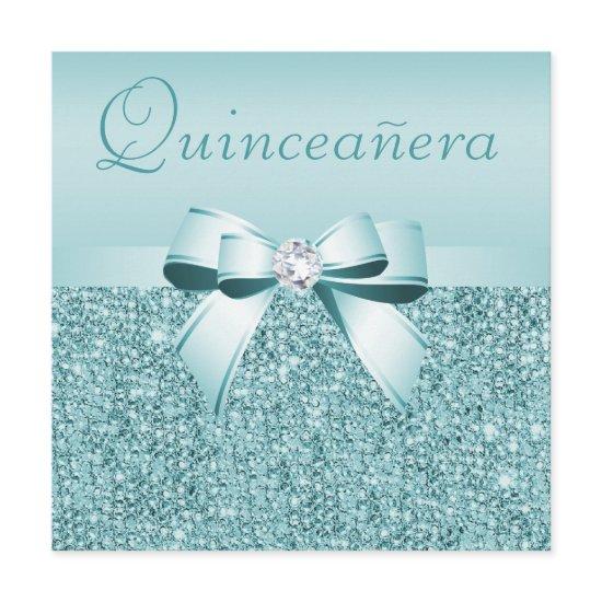 Teal Printed Sequins & Bow Quinceanera
