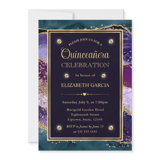 Teal, Purple and Gold Glitter Agate Quinceanera