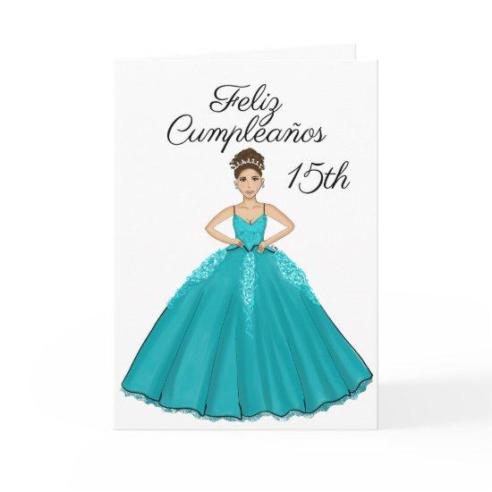 Teal Quinceanera Fashion Spanish 15 Birthday Card