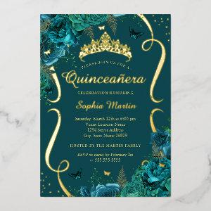 Teal Rose Floral Butterfly Tiara Quinceanera Foil