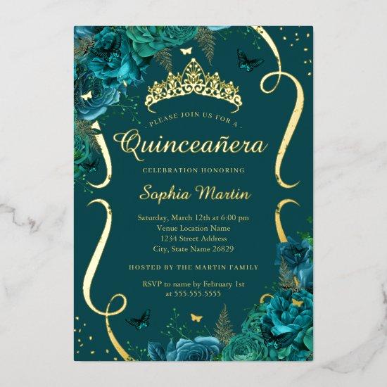 Teal Rose Floral Butterfly Tiara Quinceanera Foil