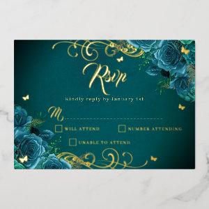 Teal Rose Floral Gold Swirl Gold Quinceanera  Foil