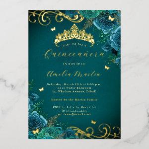 Teal Rose Floral Gold Swirl Quinceanera   Foil