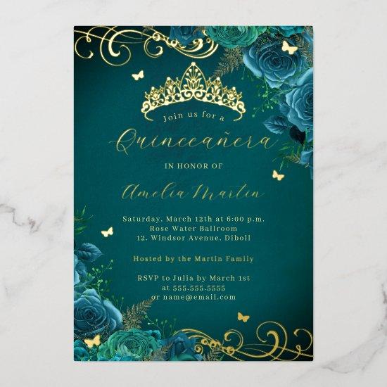 Teal Rose Floral Gold Swirl Quinceanera   Foil