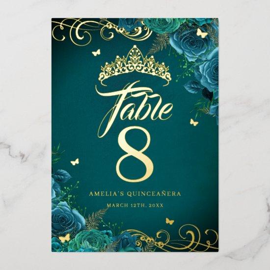 Teal Rose Swirl Quinceanera Gold Table Number