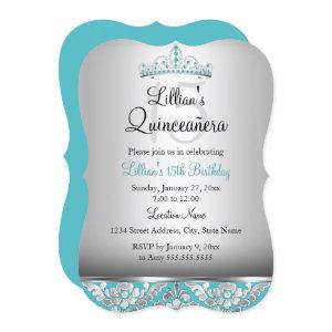 Teal Silver Damask Tiara Quinceanera Invite