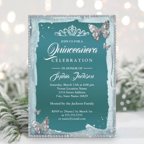 Teal Silver Diamond Butterfly Sparkle Quinceanera