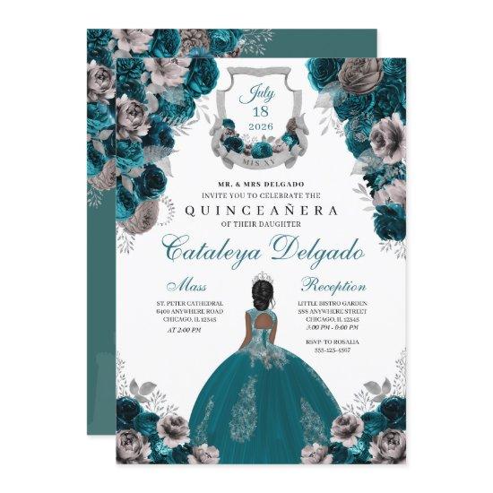 Teal & Silver Floral Elegant Quinceañera