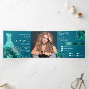 Teal silver floral rose quinceanera glitter gown Tri-Fold