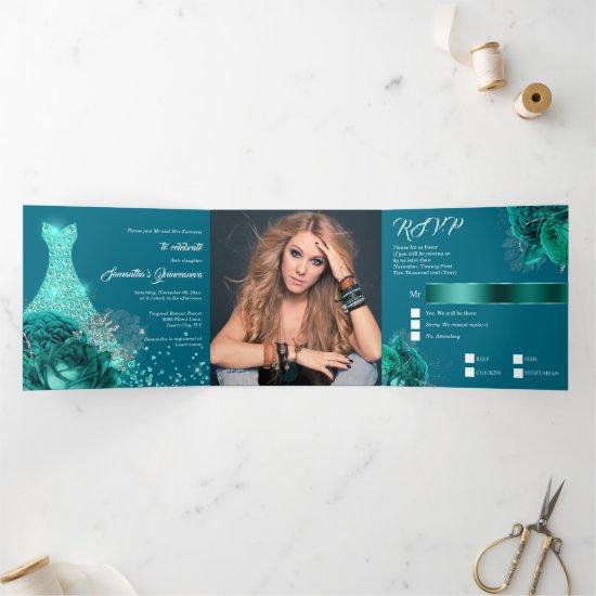 Teal silver floral rose quinceanera glitter gown Tri-Fold