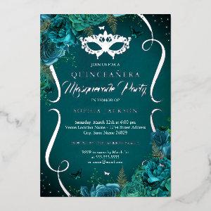 Teal Silver Floral Scroll Masquerade Quinceanera Foil
