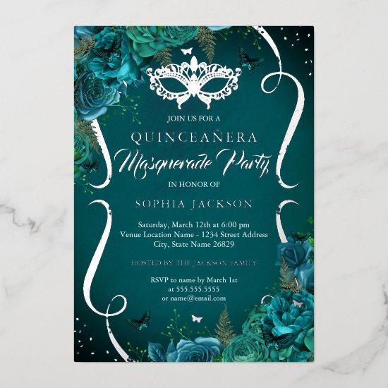 Teal Silver Floral Scroll Masquerade Quinceanera Foil