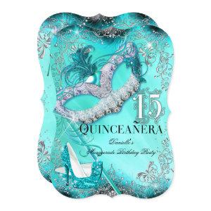 Teal Silver Masquerade Quinceanera Birthday Invite