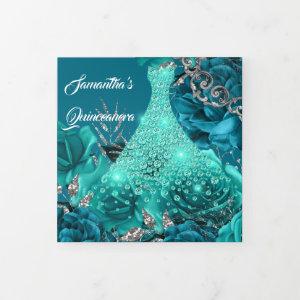Teal silver rose womans PHOTO floral birthday  Tri-Fold