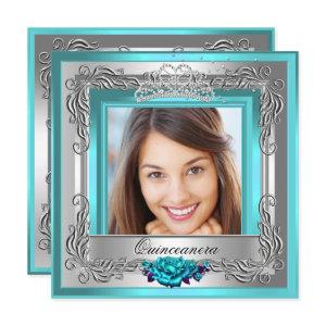 Teal Silver Roses Quinceanera 15th Photo