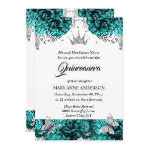 Teal silver tiara butterfly blue rose quinceanera