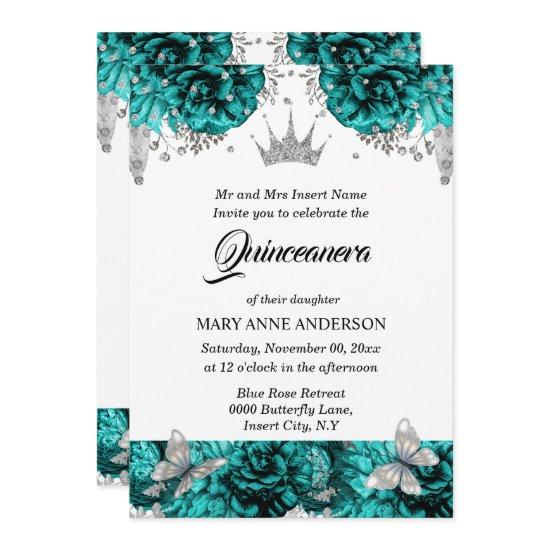 Teal silver tiara butterfly blue rose quinceanera
