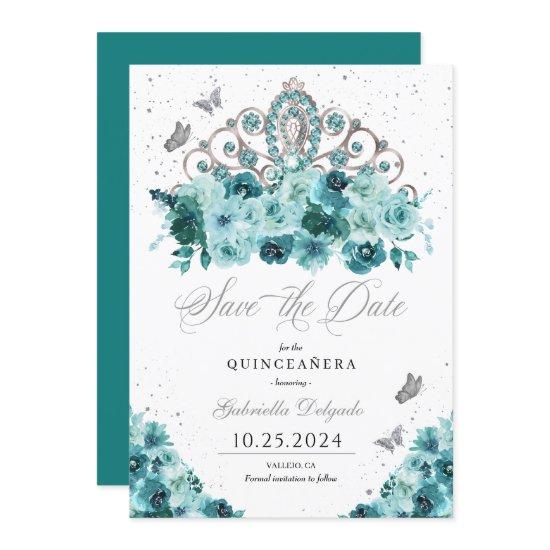 Teal & Silver Tiara Save The Date Quinceañera