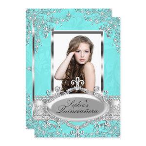 Teal Silver Vintage Glamour Photo Quinceanera