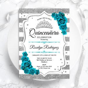 Teal Silver White Stripes Elegant Quinceanera