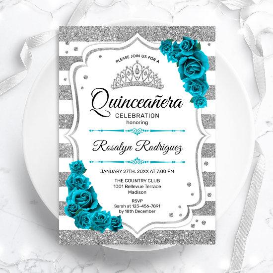 Teal Silver White Stripes Elegant Quinceanera